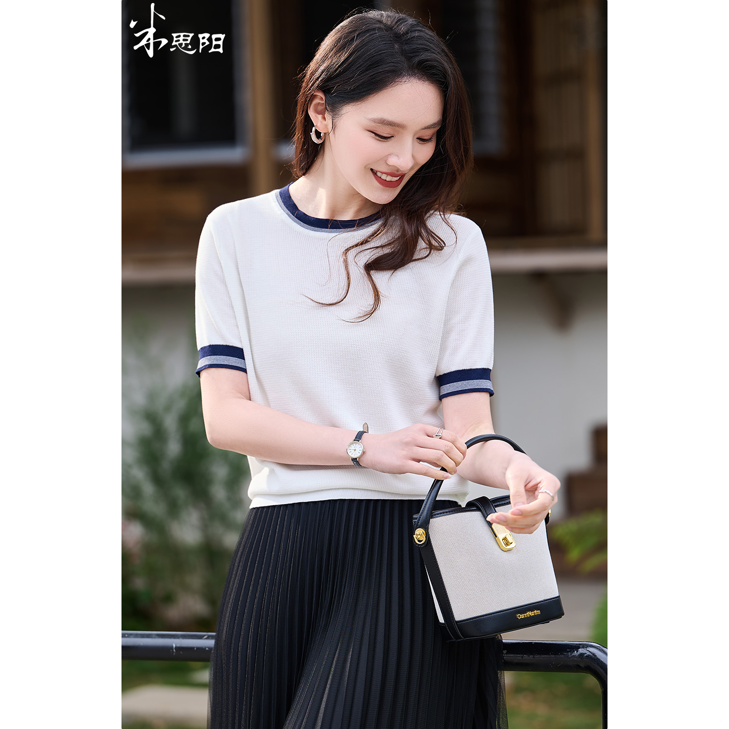 桑蚕丝+天丝+棉 时髦撞色边 立体肌理 米思阳2026夏季新款静奢老钱针织衫圆领衫T恤上衣女1037