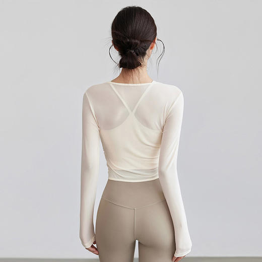 【高弹亲肤！透气网纱】网纱长袖上衣带胸垫美背心普拉提训练瑜伽服女健身房运动跑步T恤。xa 商品图4