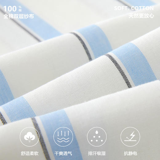 全棉双层纱~情侣款纯棉蓝白条纹睡衣女 野兽风格休闲家居服可外穿长袖全棉套装 商品图1