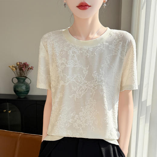 百媚生 复古国风提花套头短袖T恤针织打底上衣YT-A303 商品图1