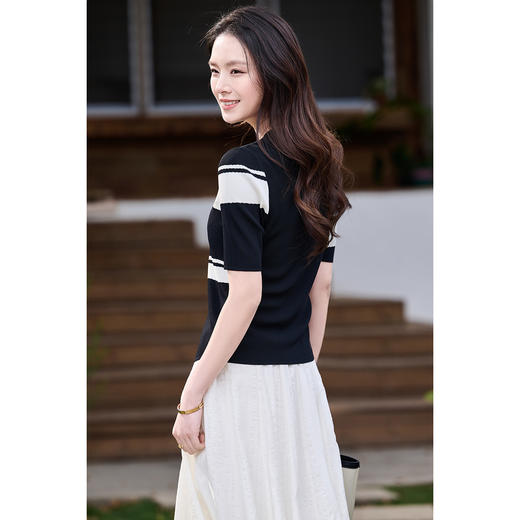 极简高级~显瘦坑条+细闪金线 秒变纸片人！米思阳2026夏季新款圆领条纹印花针织衫上衣套头T恤女1015 商品图3