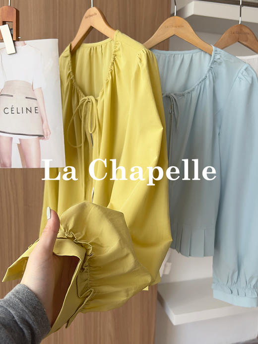 专柜实拍【莱赛尔+麻】拉夏贝尔/La Chapelle圆领系带拉链压褶花边设计长袖上衣百搭甜美风衬衣 商品图3