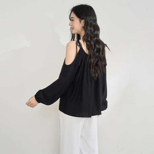 【限时秒杀】复古设计感串珠露肩吊带长袖衬衫女春季简约宽松衬衣LXD50270 商品图4