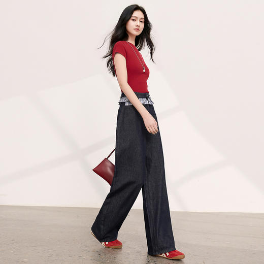 三彩2026夏季新款拼接牛仔裤设计感宽松阔腿长裤时尚M 商品图2