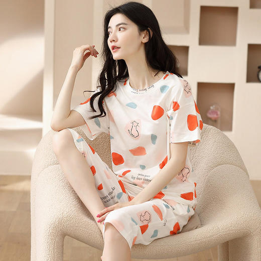 夏季新品纯棉睡衣女短袖七分裤两件套装薄款休闲少女带胸垫家居服   JL-YS311 商品图2