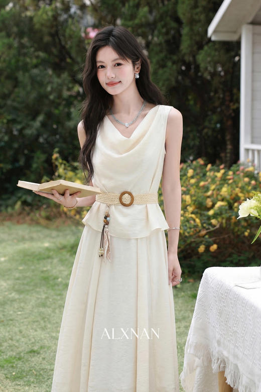 鹿向南「海岛风铃」夏季新款韩系荡领杏色连衣裙女法式假两件裙子 商品图5