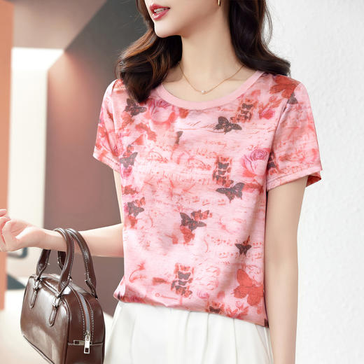 丁摩 真丝圆领印花桑蚕丝T恤上衣 商品图2