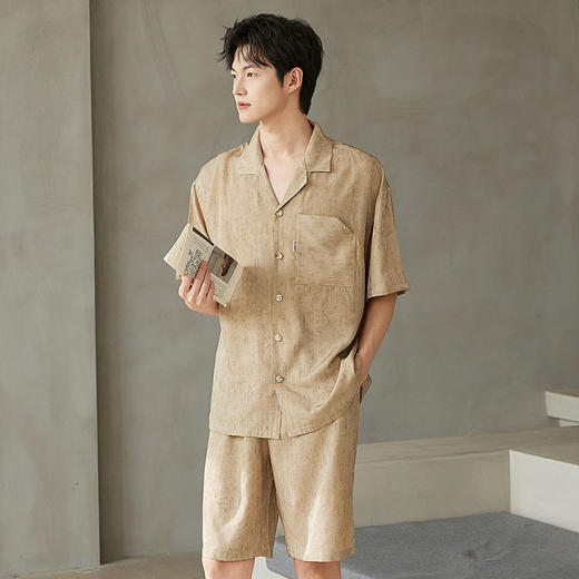 夏季短袖男士冰丝翻领短裤套装仿真丝薄款宽松开衫家居服可外穿  JL-5565 商品图3