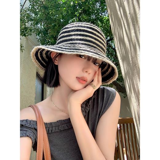 韩系复古条纹渔夫帽！2026女夏季透气显脸小遮阳防晒出游海边沙滩草帽子！ 商品图1
