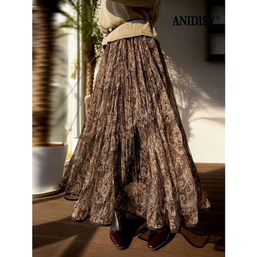 时尚高腰佩斯利花纹压褶大摆半身裙 商品图3