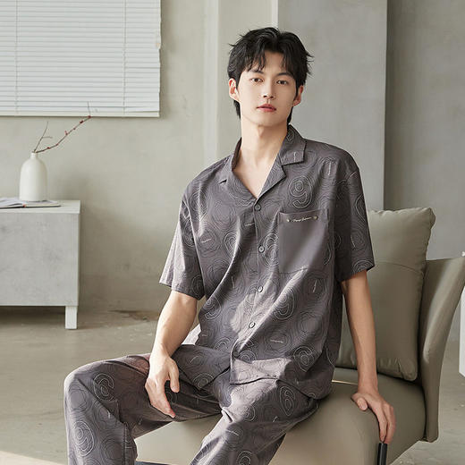 夏季莫代尔短袖男士睡衣长裤可外穿翻领家居服舒爽开衫套装新款   JL-5537 商品图1