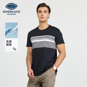 【高弹舒适】德鲨黑色短袖圆领T恤男2026夏季新款条纹撞色打底衫