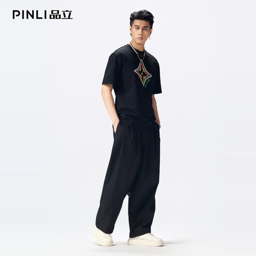 PINLI品立2026夏季新款男士字母花纹菱形烫钻圆领落肩短袖T恤上衣BG262111023 商品图1