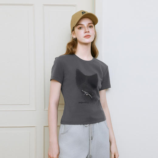 【商场同款】诗凡黎猫咪印花T恤2025夏新款百搭短袖上衣3G4200751 商品图2