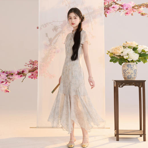 【花影流光】三彩2026夏季新款新中式连衣裙雪纺绣花中长裙C 商品图2