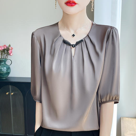 百媚生 圆领国风盘扣半袖纯色五分袖上衣小衫YT-A97 商品图1