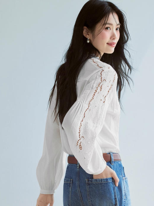 等风吹过重工镂空花边亚麻棉唯美衬衫 商品图3