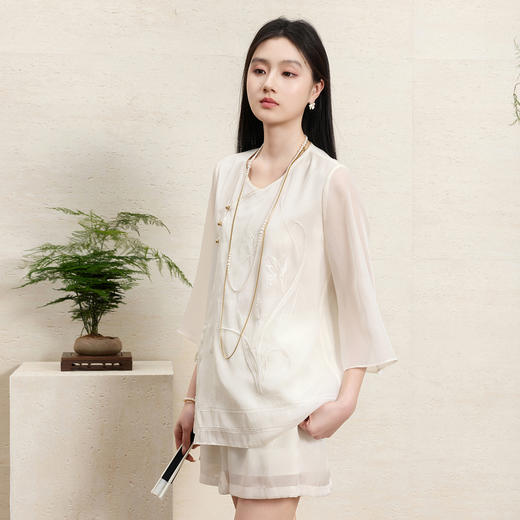 三彩【兰语清风】2026夏季新款新中式欧根纱套装绣花衬衫短裤C 商品图2