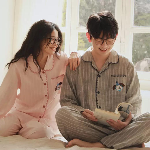 全棉双层纱～情侣款生日狗刺绣纯棉睡衣丘比兔刺绣长袖套装春秋季新款男女士家居服 商品图4