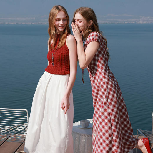 三彩2026夏季新款格纹连衣裙短袖V领A字裙长裙法式浪漫M 商品图1