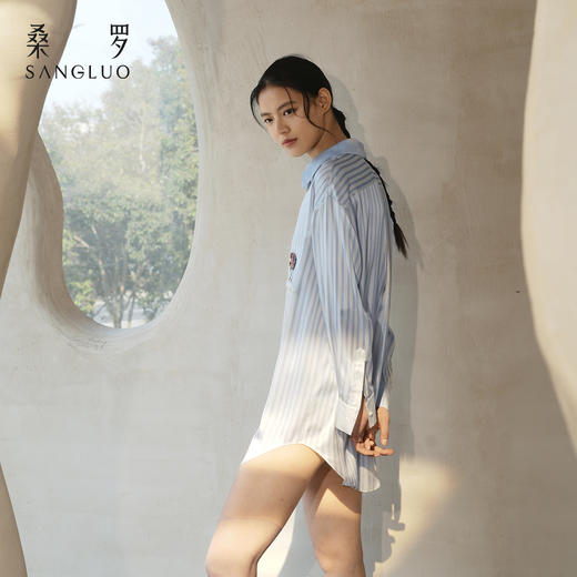 桑罗萌趣旺旺条纹印花衬衫裙桑蚕丝女长袖家居服度假小狗可外穿 商品图4