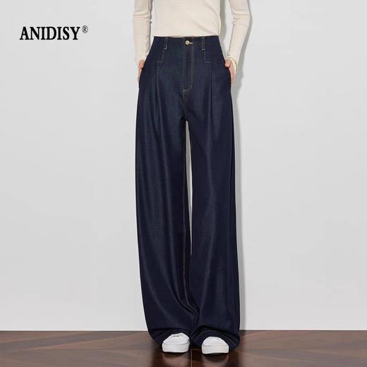时尚高腰拉链抗皱垂感明线阔腿牛仔裤 商品图0
