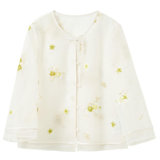 三彩【花间轻语】2026夏季新款欧根纱绣花外套盘扣开衫宽松上衣C 商品图4