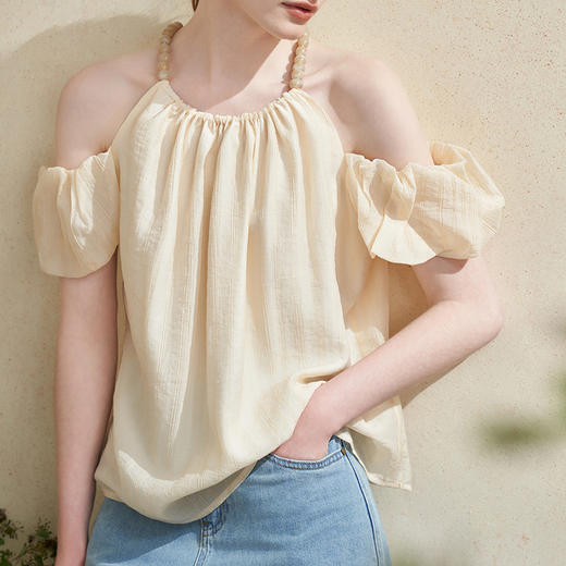 【凉爽天丝】法式复古串珠一字肩挂脖衬衣女夏季宽松衬衫LXD50892 商品图2