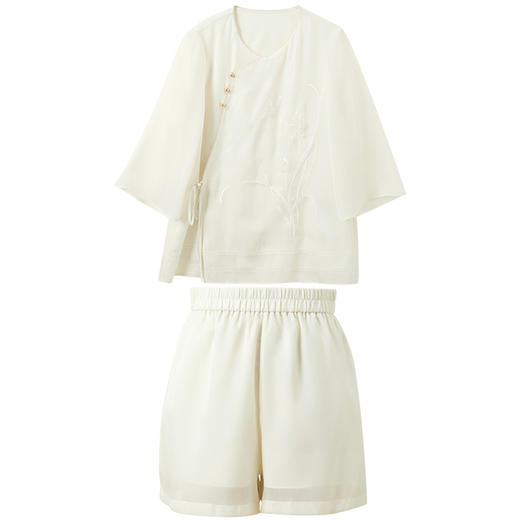 三彩【兰语清风】2026夏季新款新中式欧根纱套装绣花衬衫短裤C 商品图4