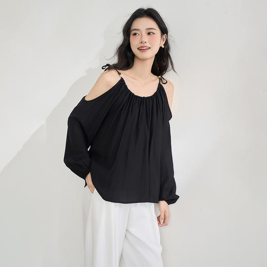 【限时秒杀】复古设计感串珠露肩吊带长袖衬衫女春季简约宽松衬衣LXD50270 商品图0