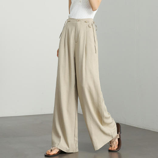 【舒适亚麻】慵懒感随性阔腿裤女夏季复古设计感串珠长裤LXD50759 商品图0