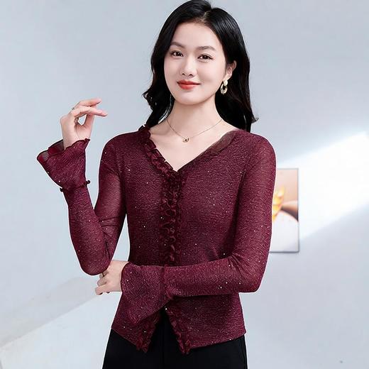 雀说 喇叭袖V领木耳边小衫时尚修身百搭弹力网纱气质上衣LC63166 商品图2