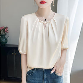 百媚生 圆领国风盘扣半袖纯色五分袖上衣小衫YT-A97