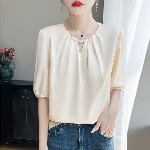 百媚生 圆领国风盘扣半袖纯色五分袖上衣小衫YT-A97 商品图0