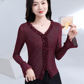 雀说 喇叭袖V领木耳边小衫时尚修身百搭弹力网纱气质上衣LC63166
