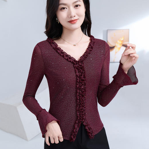 雀说 喇叭袖V领木耳边小衫时尚修身百搭弹力网纱气质上衣LC63166 商品图0