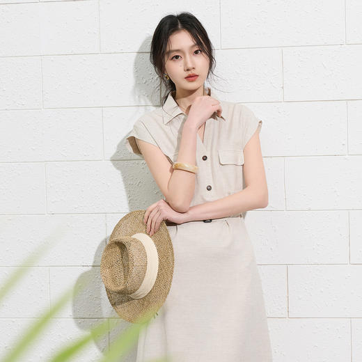 三彩2026夏季新款休闲连衣裙翻领短袖收腰A字裙长裙简约气质S 商品图3