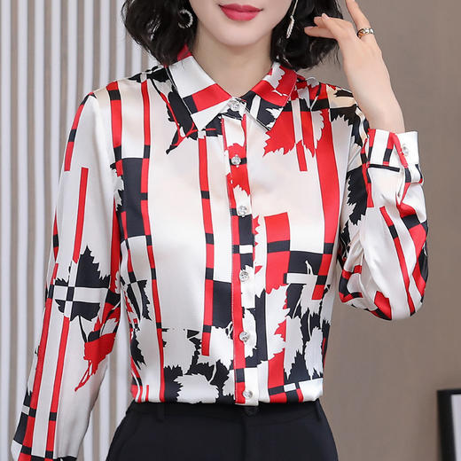 丁摩 弹力缎重磅真丝衬衫女长袖上衣LS01 商品图1