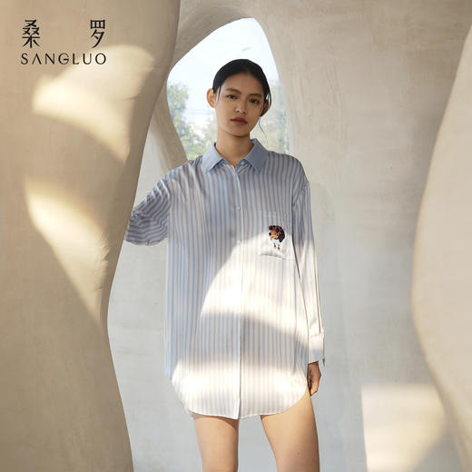桑罗萌趣旺旺条纹印花衬衫裙桑蚕丝女长袖家居服度假小狗可外穿 商品图2
