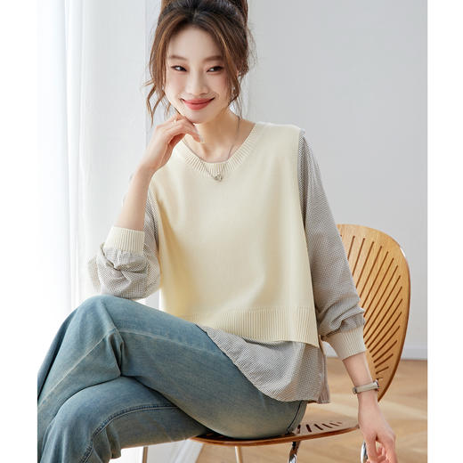 假两件针织拼接衬衫，春季衬衣高级感宽松减龄长袖上衣CC26051 商品图3