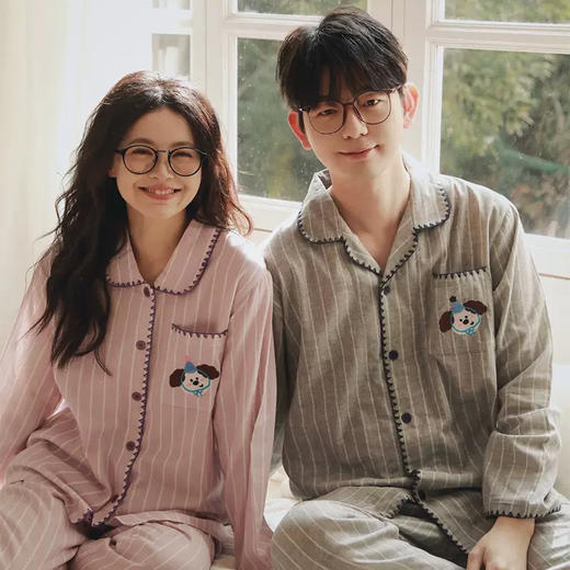 全棉双层纱～情侣款生日狗刺绣纯棉睡衣丘比兔刺绣长袖套装春秋季新款男女士家居服 商品图1