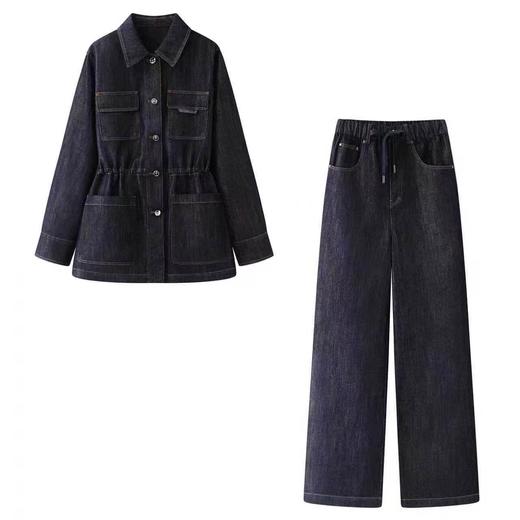 F033168牛仔裤套装新款银丝薄棉牛仔外套抽绳直筒简约松紧腰阔腿裤 商品图3