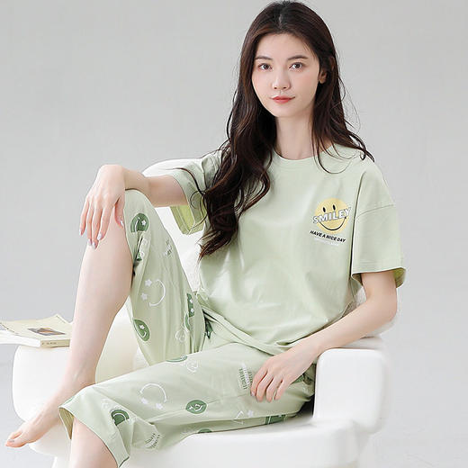 新品夏季纯棉短袖七分裤睡衣女士薄款凉爽休闲简约大码家居服套装   JL-YS5686 商品图0