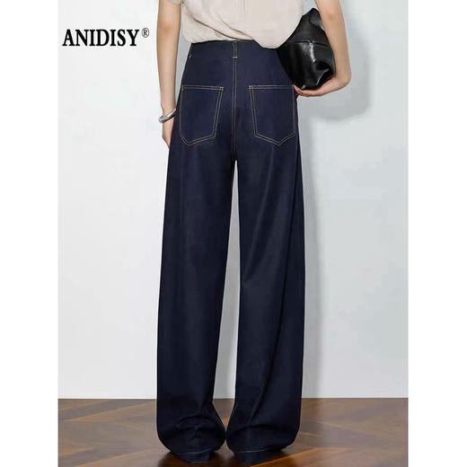 时尚高腰拉链抗皱垂感明线阔腿牛仔裤 商品图1