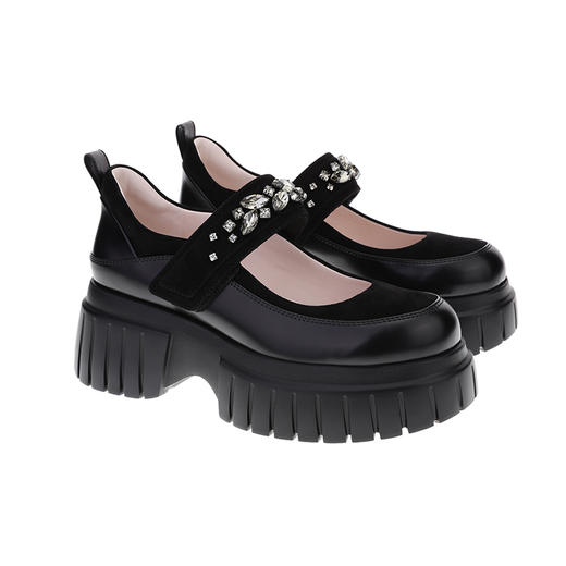 sheme皮料拼接水晶条带点缀超轻厚底时尚舒适女士玛丽珍鞋可定制 商品图5