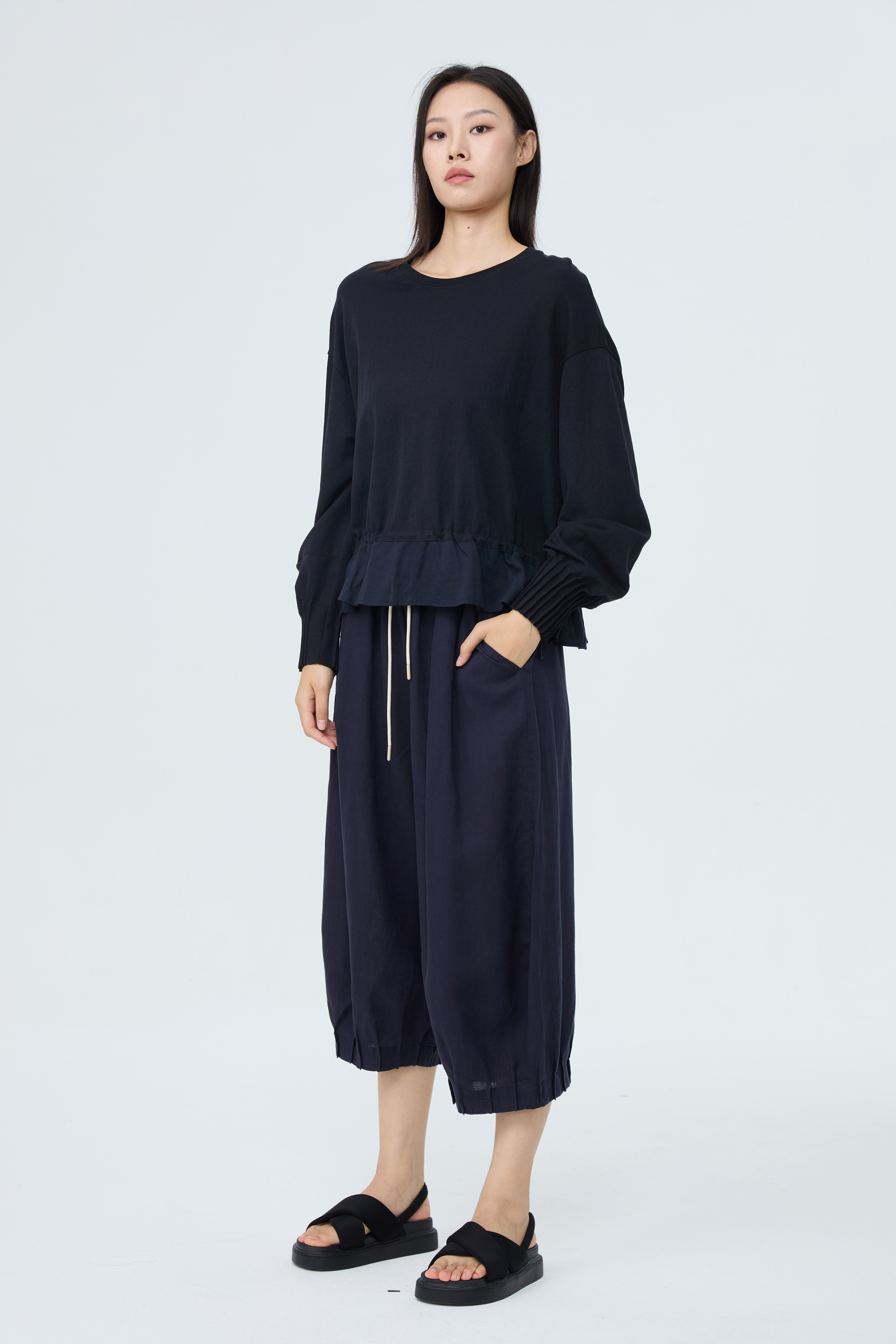 【含亚麻纤维】水淼2026薄料加大码外穿春新品捏褶荷叶边针织上衣2620