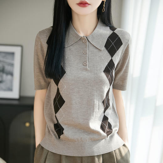 丁摩 复古polo领菱格纹针织短袖女灰色百搭T恤上衣ZS-96030-95 商品图1