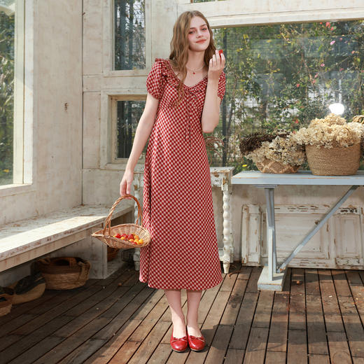 三彩2026夏季新款格纹连衣裙短袖法式A字裙中长裙浪漫M 商品图1