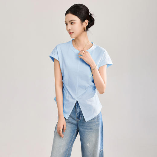 「高货wl」全新升级【铂金会员146/天猫199/差价53】(05157)洛诗琳针织棉收腰显瘦T恤2026设计感抽褶小飞袖短袖上衣 商品图1