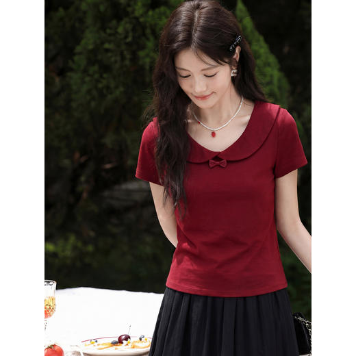 鹿向南【0402/20:00新品前1小时7折限量100件】酒红色T恤 商品图4